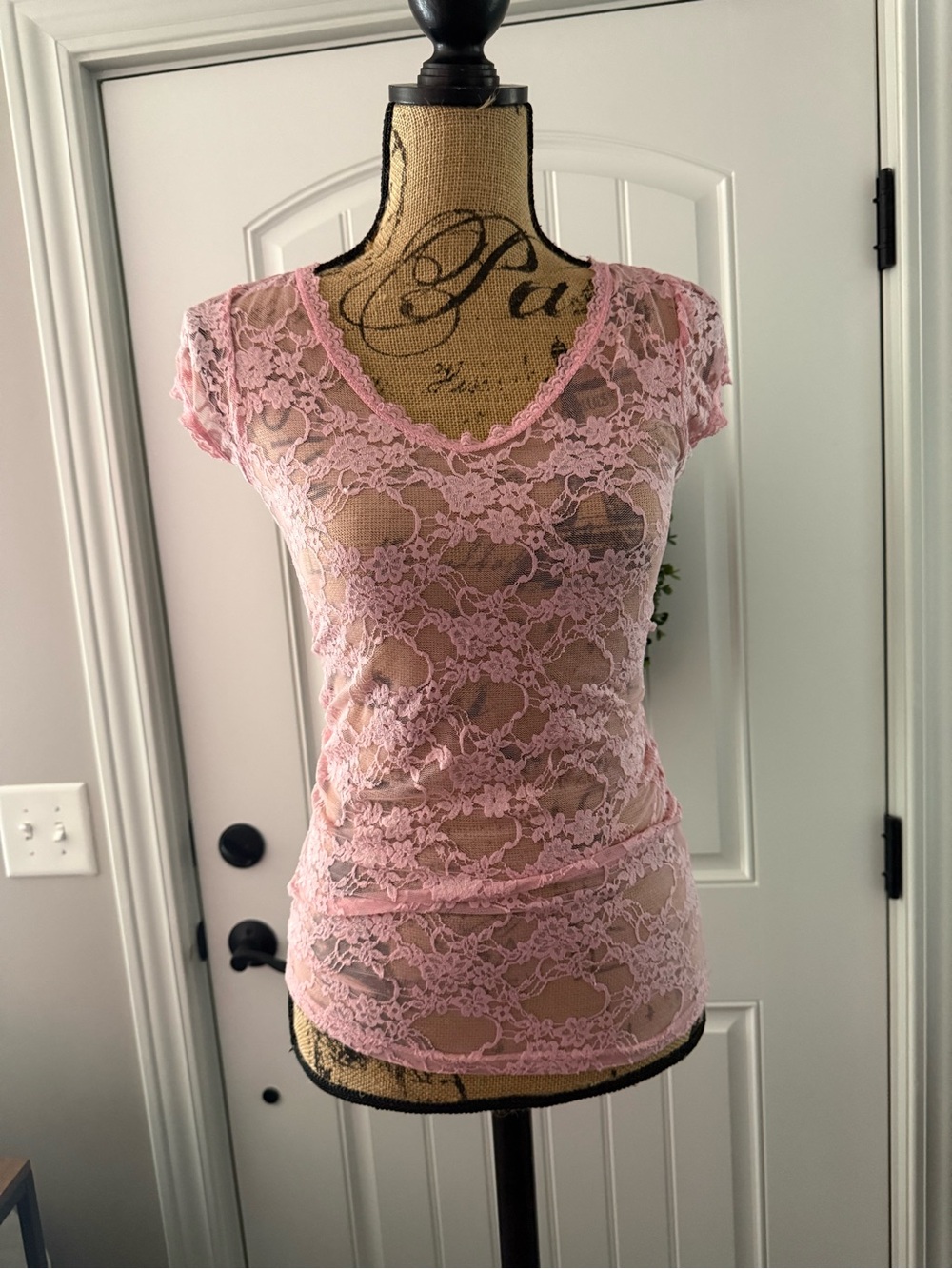 Bozzolo Pink Lace Short-Sleeve Sheer Tee